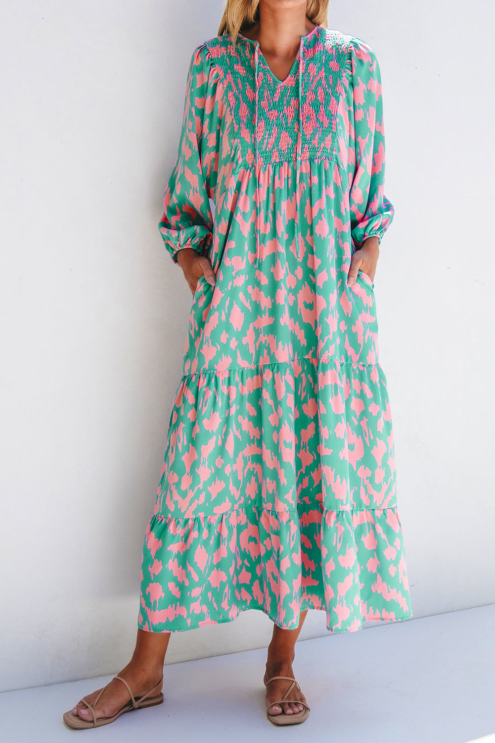 Green Abstract Print Puff Dress