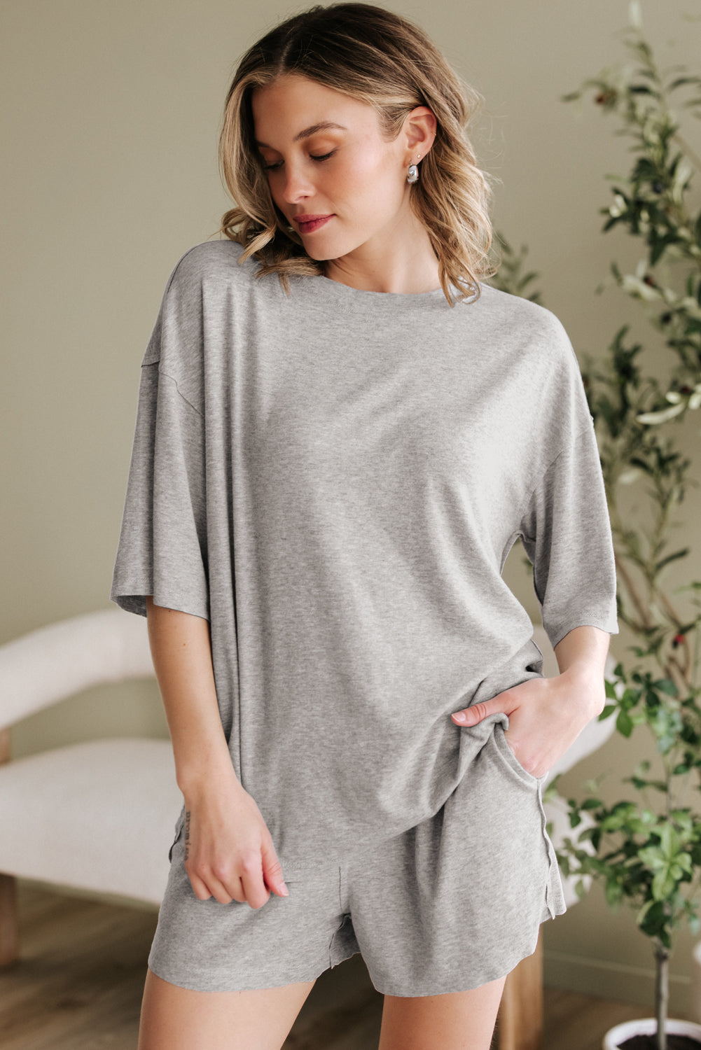 Gray Loose Tee 2 Piece Shorts Set