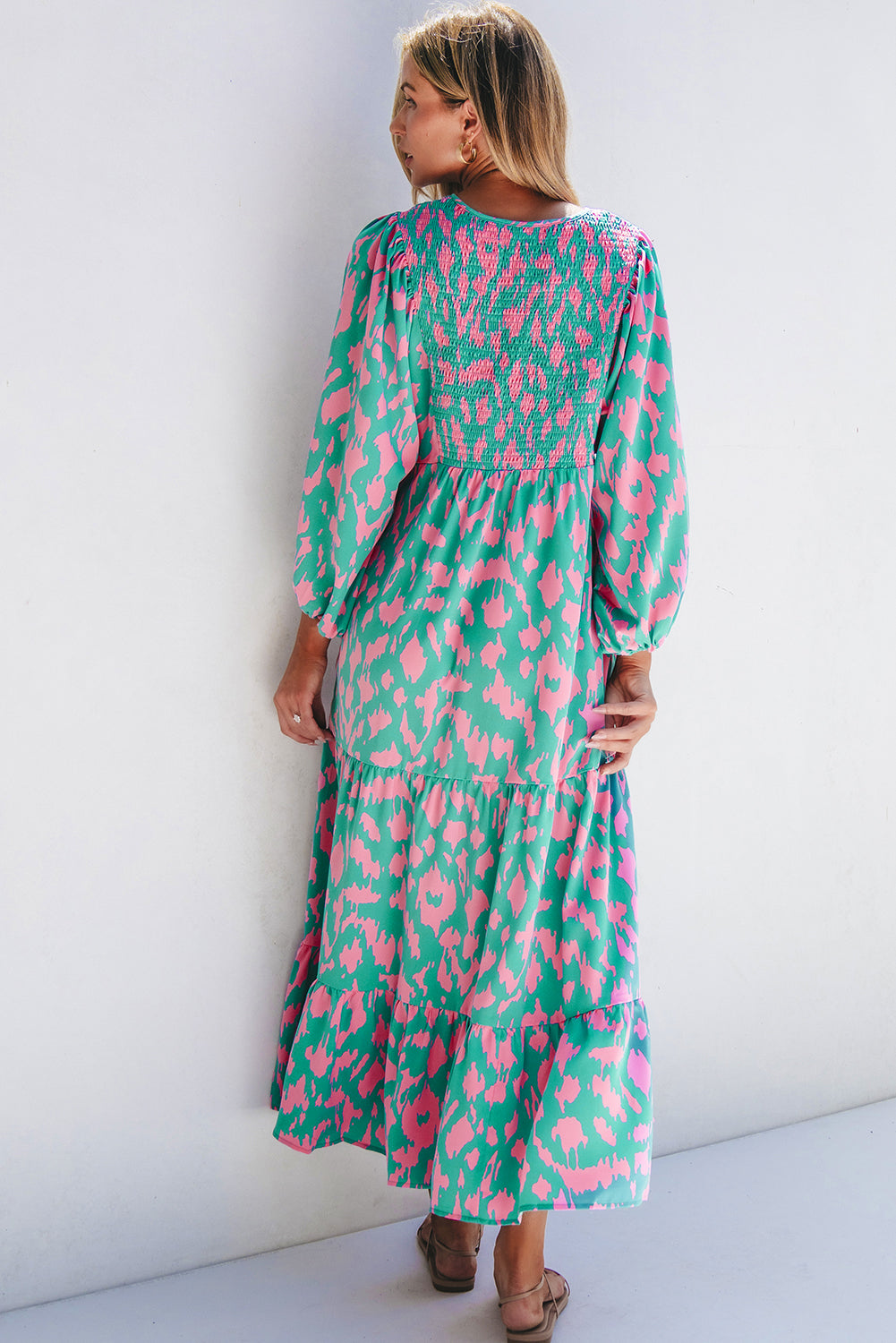 Green Abstract Print Puff Dress