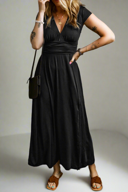 Shirred High Waist V Neck Maxi Dress