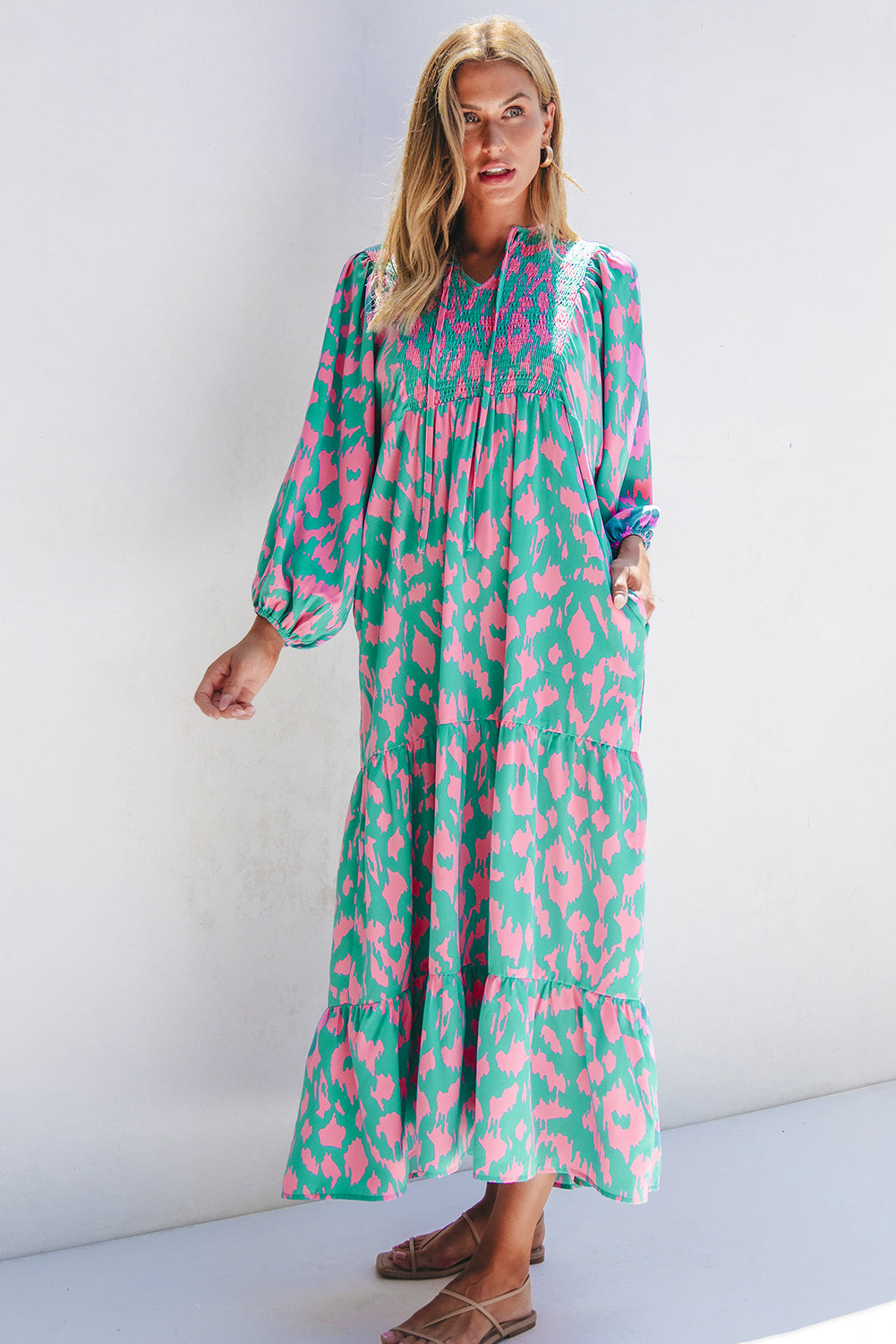 Green Abstract Print Puff Dress