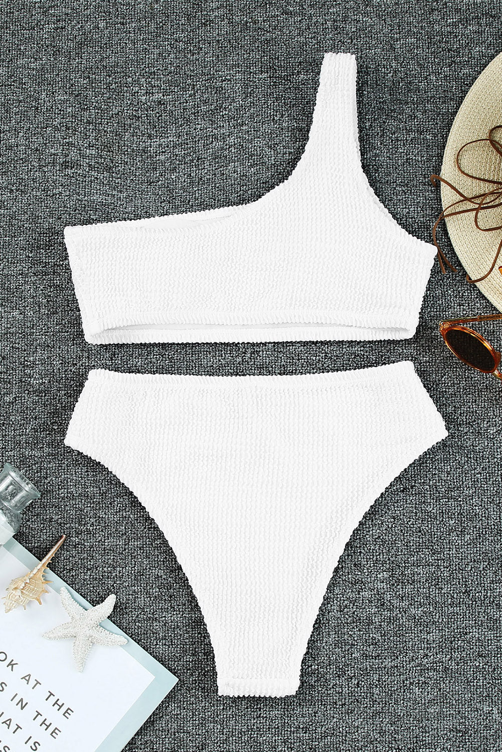 White Ribbed One Shoulder Bikini Swimsuit