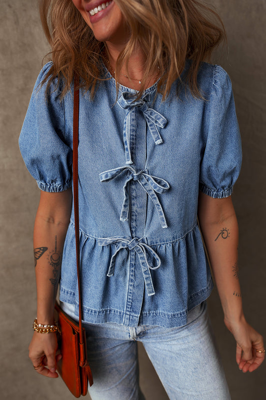 100% Cotton Bubble Sleeve Denim Shirt