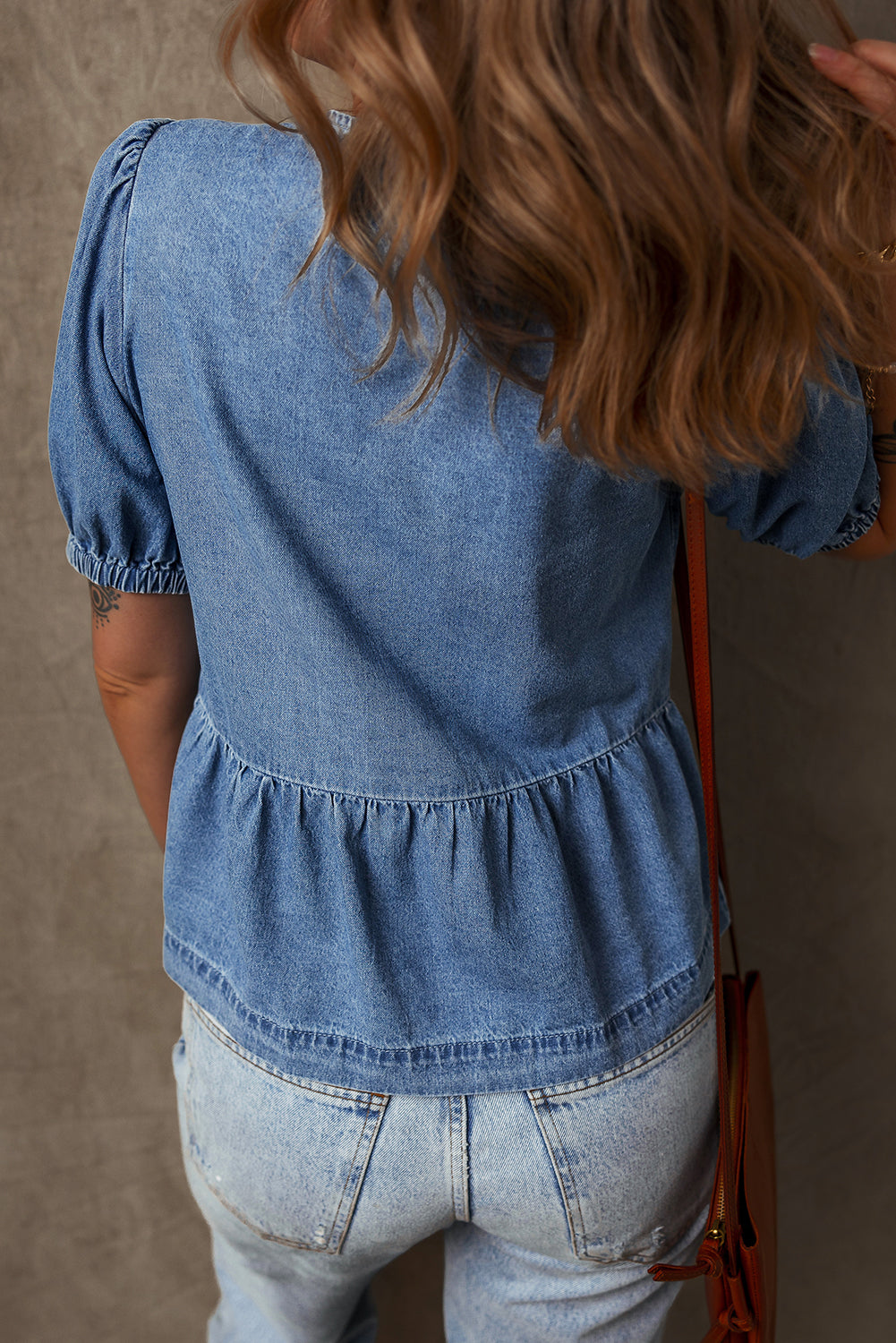 100% Cotton Bubble Sleeve Denim Shirt