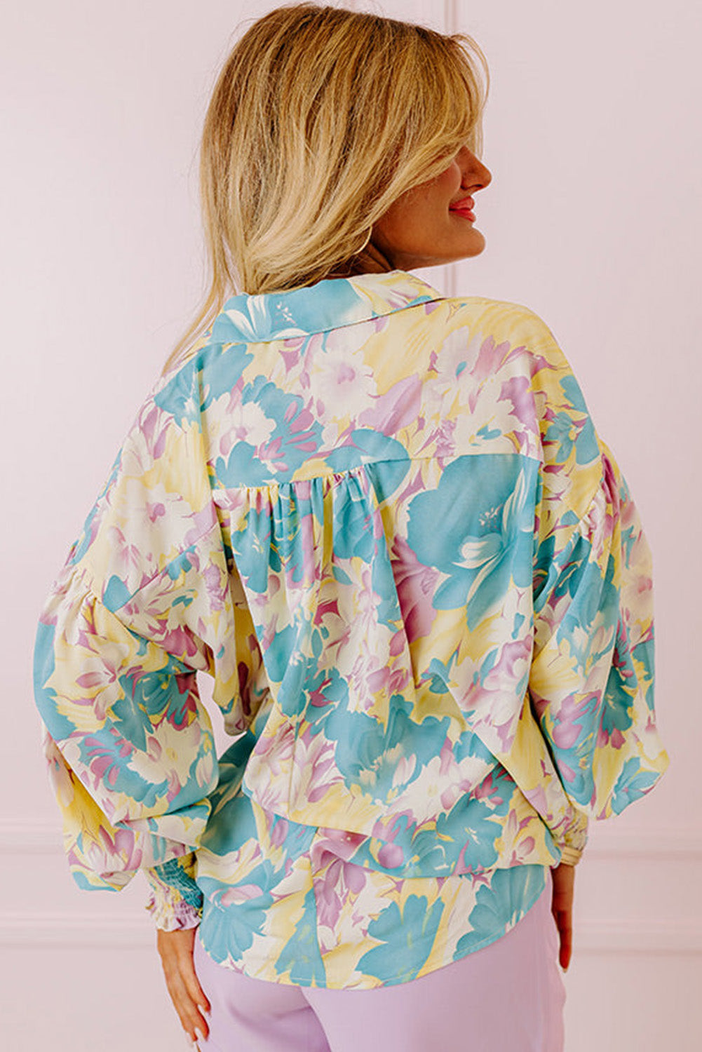 Floral Allover Shirred Cuff Oversized Shirt