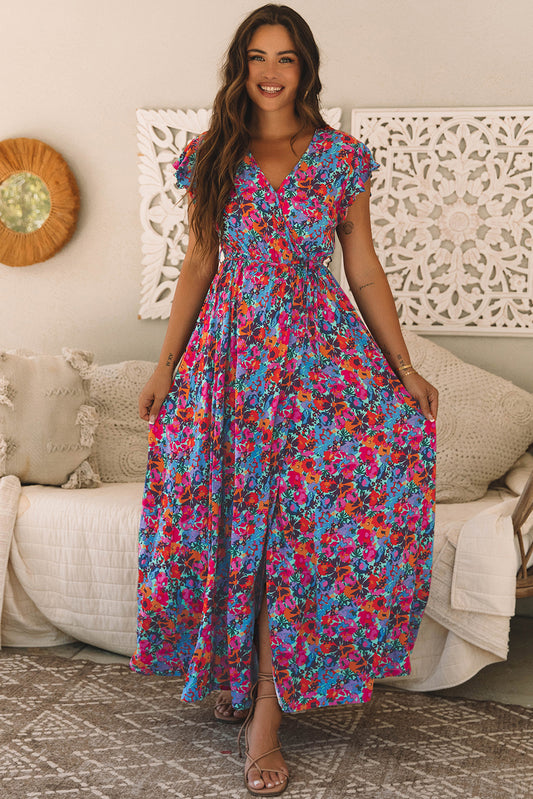 Blue Floral Split Maxi Dress