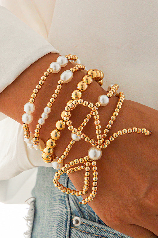 Gold Bow Pearl Beaded Multi Layered Bracelet Set