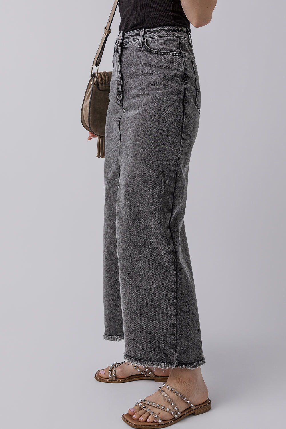 Grey Denim Split High Waist Maxi Skirt