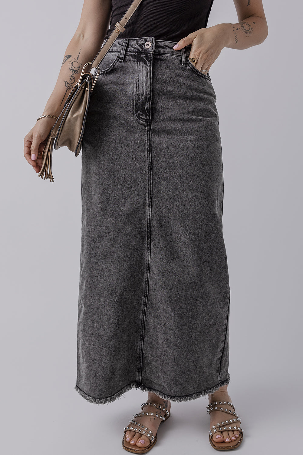 Grey Denim Split High Waist Maxi Skirt