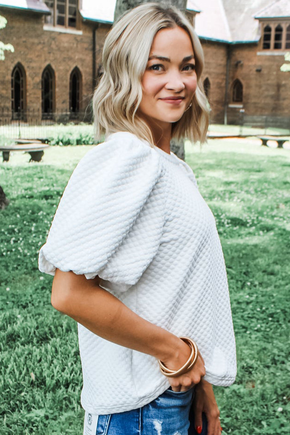 White Textured Puff Sleeve Blouse