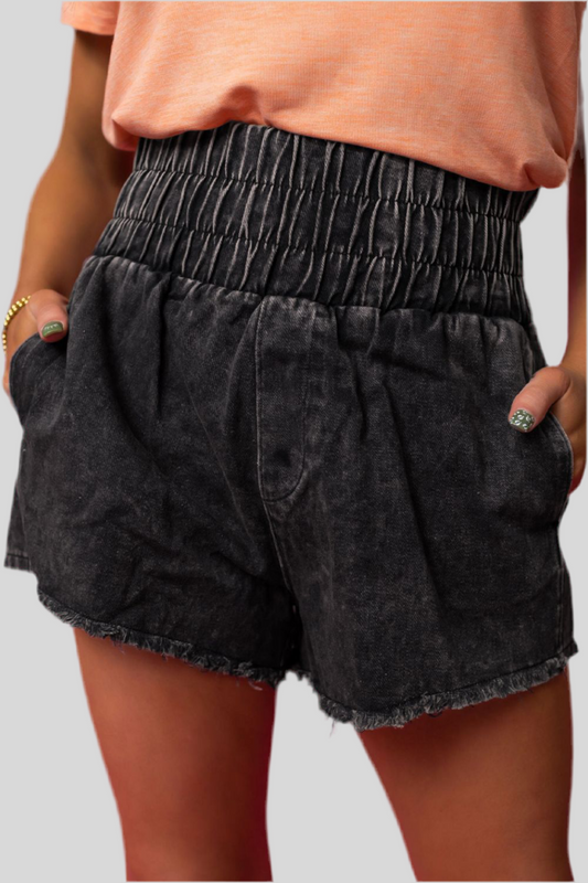 Smocked Mineral Washed Denim Shorts