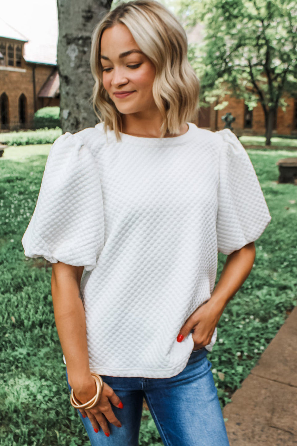 White Textured Puff Sleeve Blouse