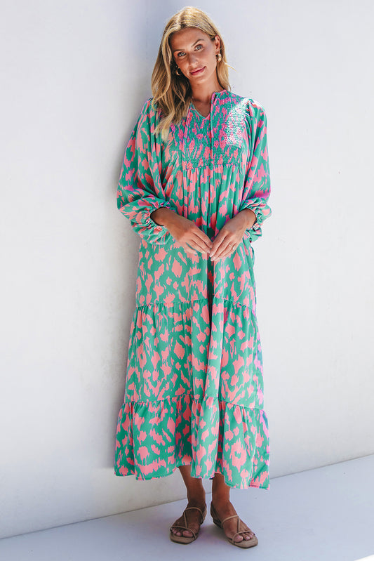 Green Abstract Print Puff Dress