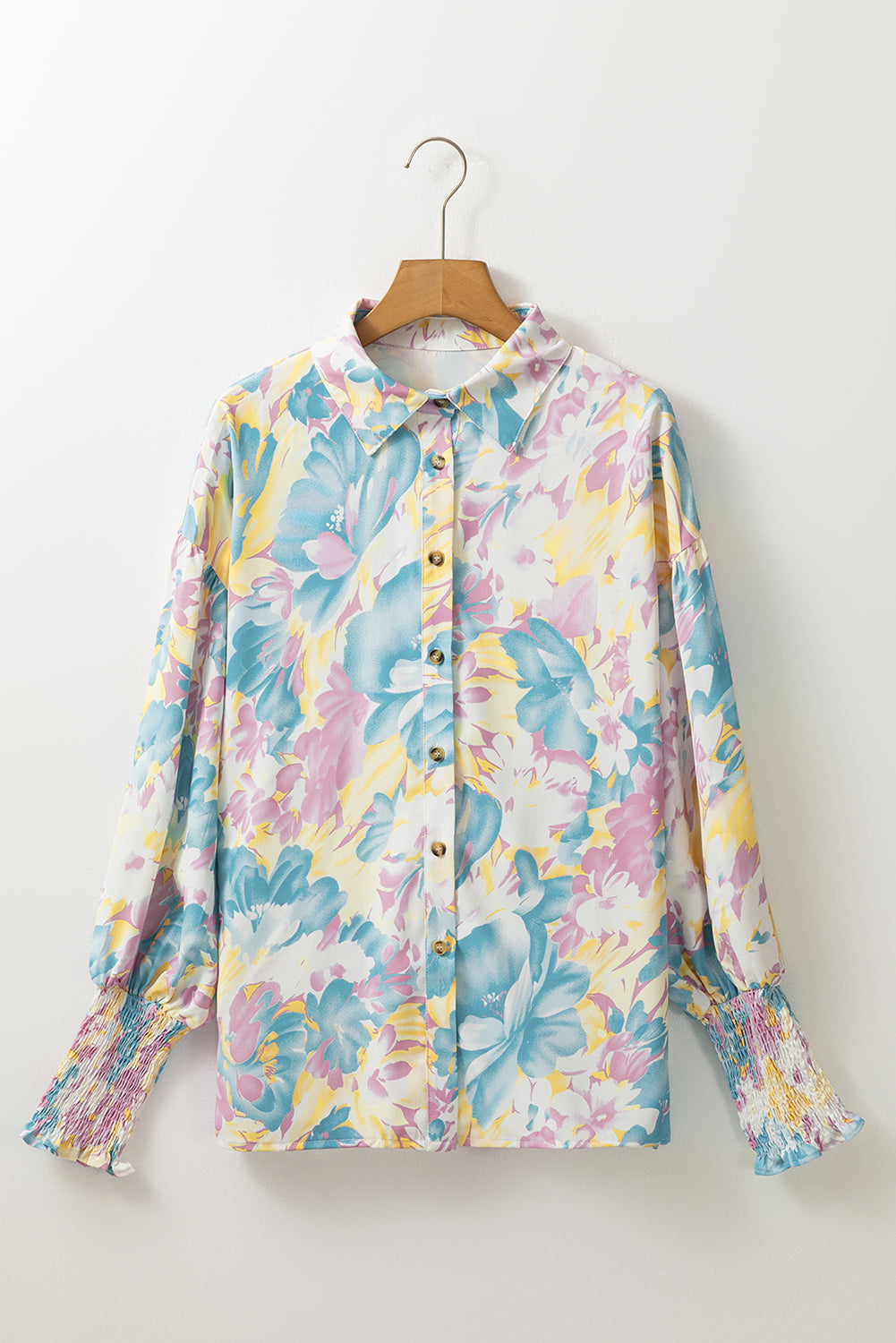 Floral Allover Shirred Cuff Oversized Shirt