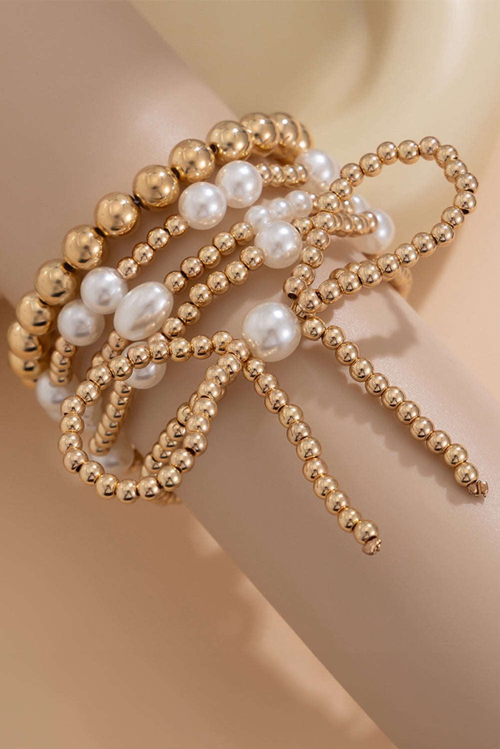 Gold Bow Pearl Beaded Multi Layered Bracelet Set