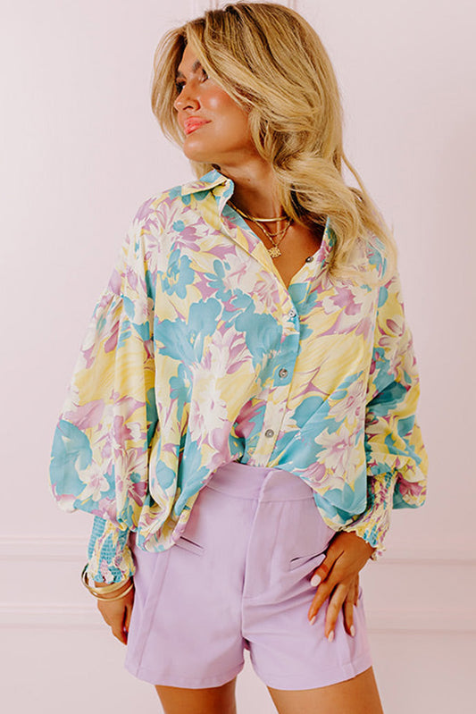 Floral Allover Shirred Cuff Oversized Shirt