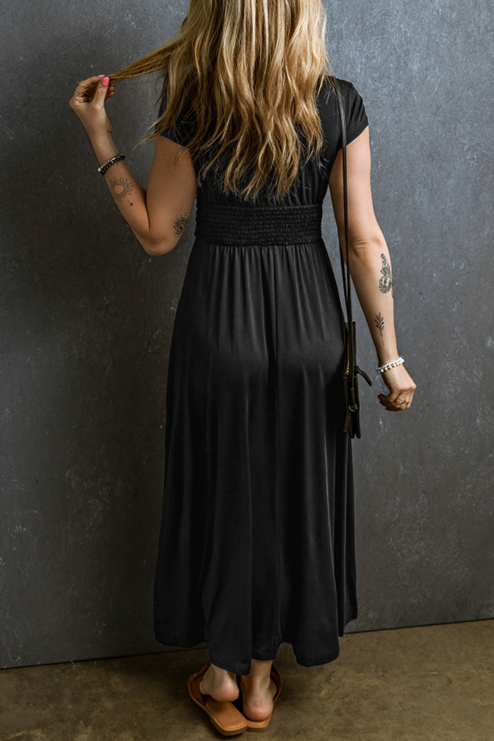 Shirred High Waist V Neck Maxi Dress